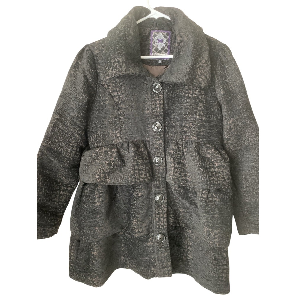Dollhouse Black Brown Ruffle Textured Dress Coat Pea Coat L/XL‎